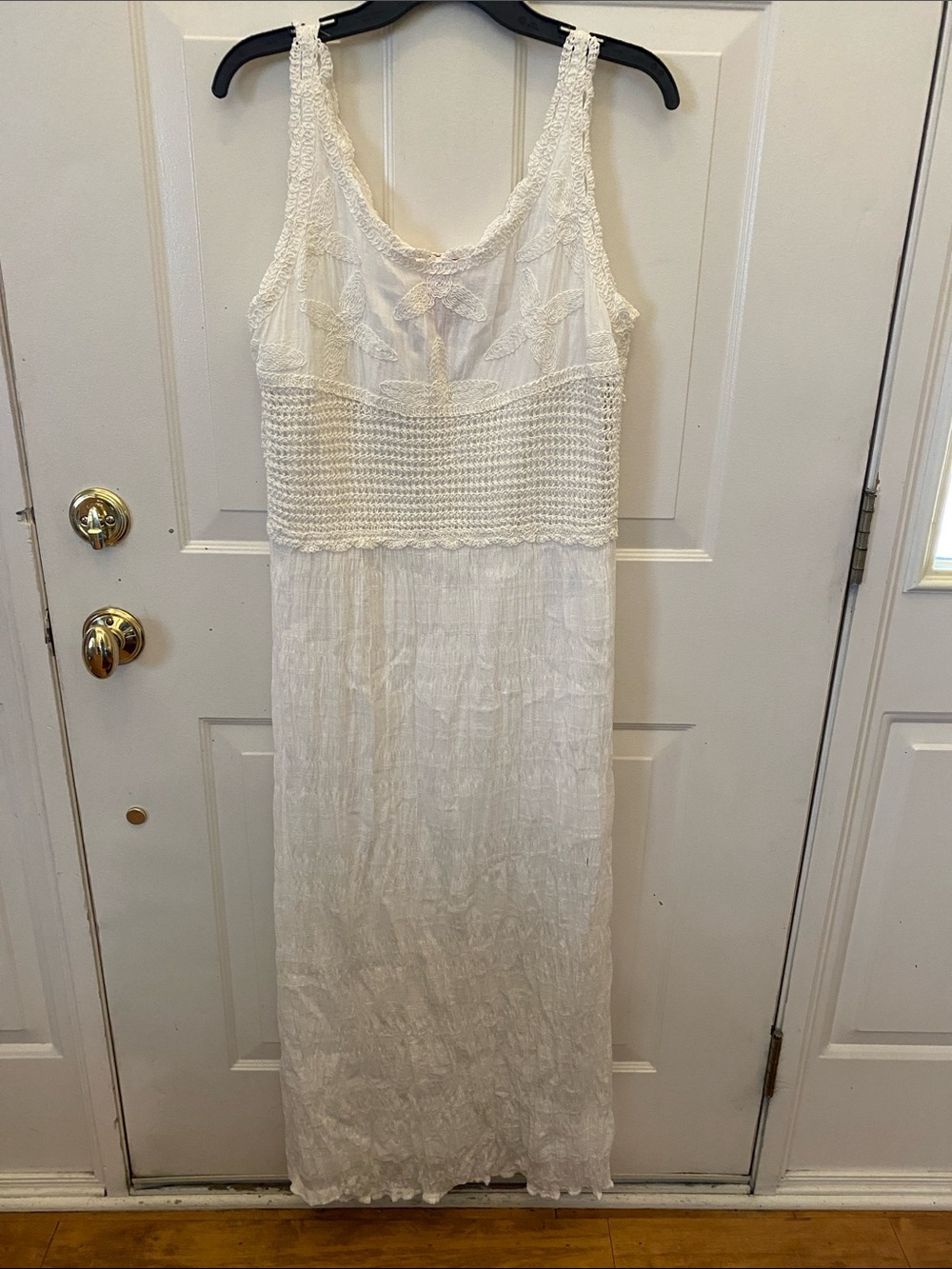 Boho White Maxi Dress with Crochet Waist and Lace Bodice